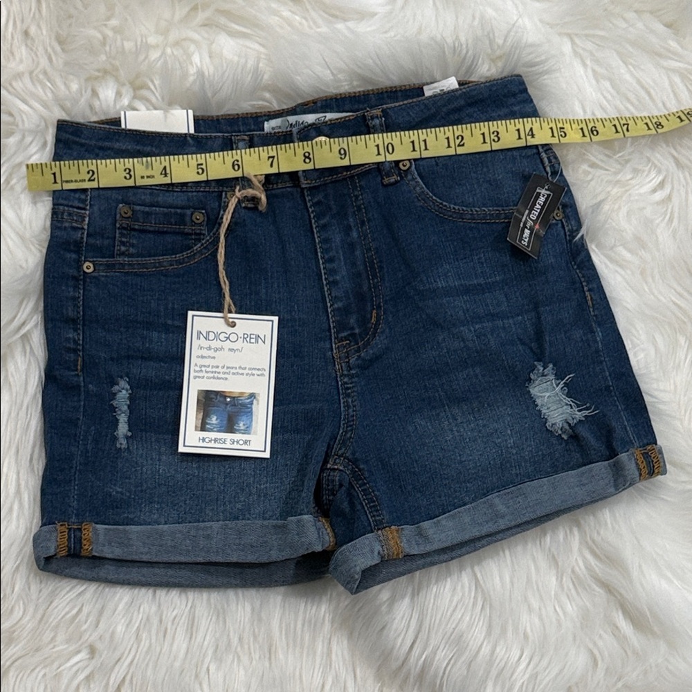 Indigo Rein Dark Blue Rolled-Hem High-Rise Denim Shorts